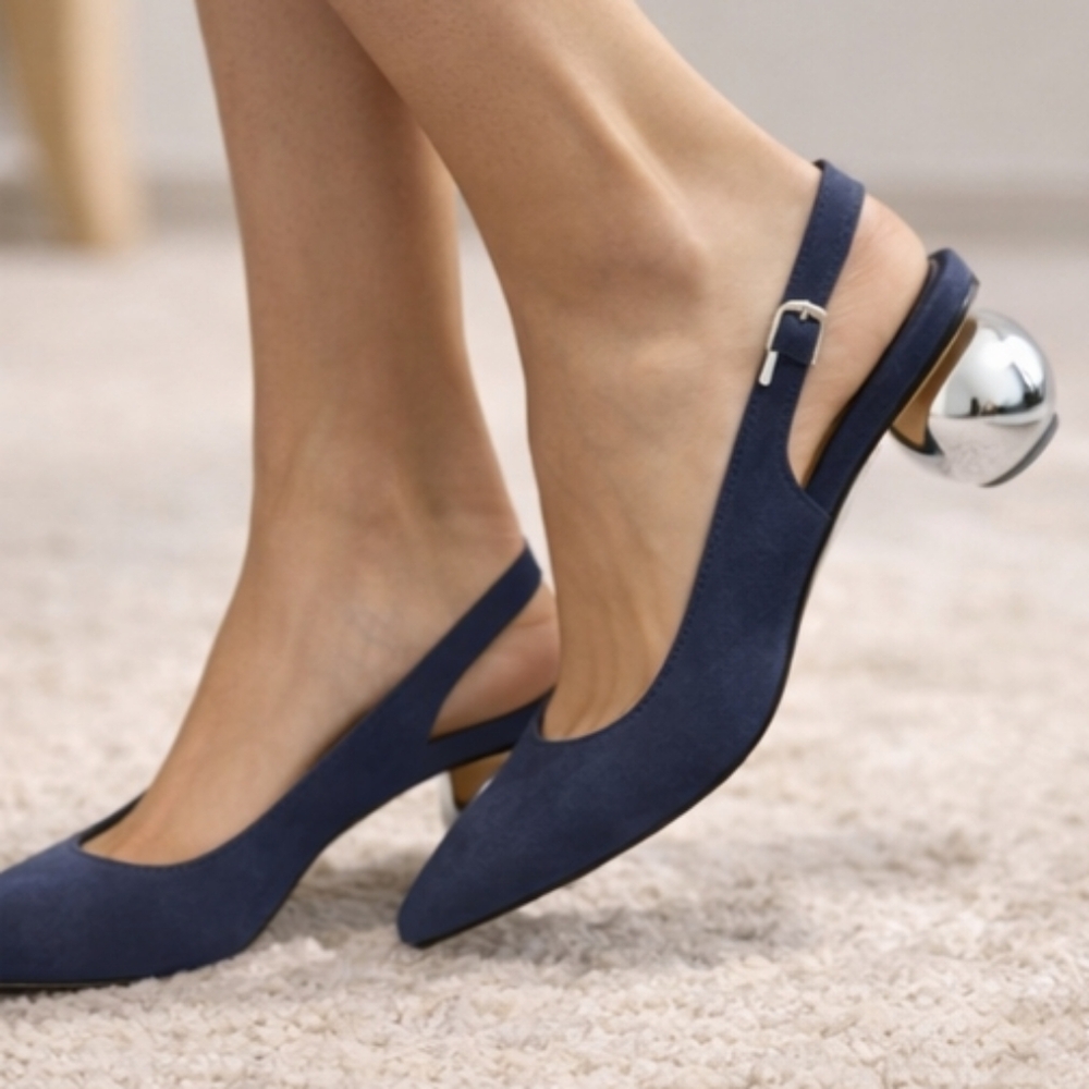 💙 Rare Katy Perry Navy Suede Slingback Heels Size 5 – Unique Silver Sphere Heel - Picture 3 of 8